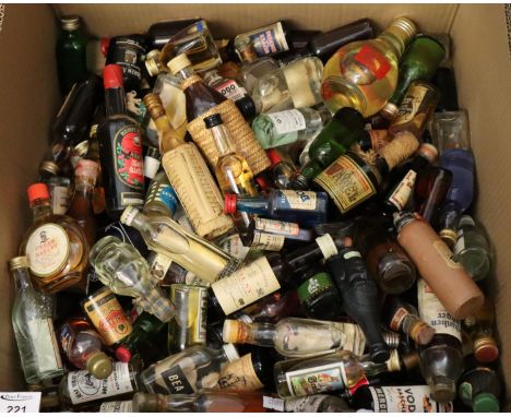 Box containing a large collection of alcoholic miniature spirits; vodka, liqueurs, Scotch whisky, Shweppes peppermint cordial