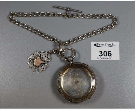 Silver engine turned pocket watch (holder only, no movement face or movement), together with a silver T-bar chain and silver 