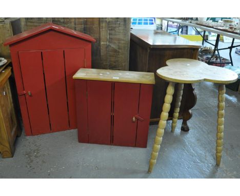 Pine clover-shaped tripod lamp table on bobbin turned supports, together with two painted pine, single door blind panel cabin