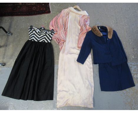 Three items of vintage ladies clothing to include; a blue 60's wool worsted skirt suit with Jancourt label and mink fur colla
