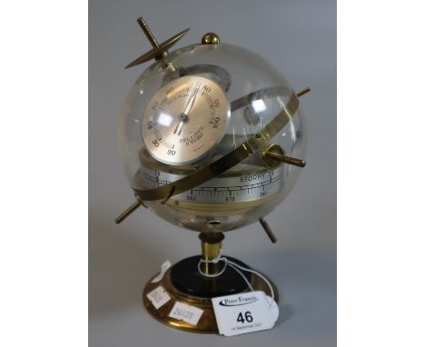 Pedestal globe shaped brass and plastic barometer, hygrometer and thermometer combined. (B.P. 21% + VAT) Rather grubby, may n