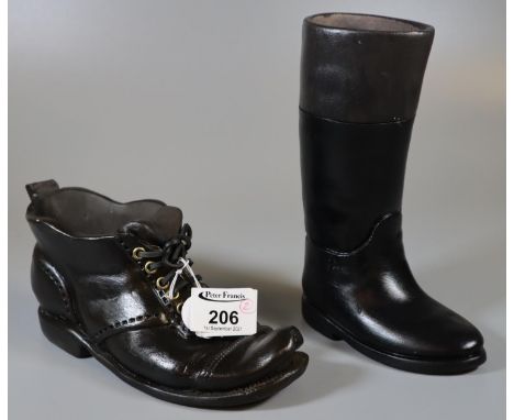 Single novelty miniature hunting boot and similar miniature boot with laces, indistinct signature to the bases (possibly Tony