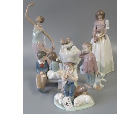 Six Nao Spanish porcelain figurines/figure groups to include; dancer, lady with puppy, young boy with teddy bear, loving coup