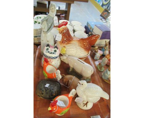 Tray of assorted china to include; a Lladro Spanish porcelain figurine of a girl carrying a lamb, a pig design piggy bank, a 