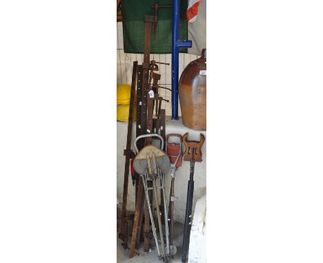 Collection of vintage sash clamps, together with some shooting sticks. (B.P. 21% + VAT) 