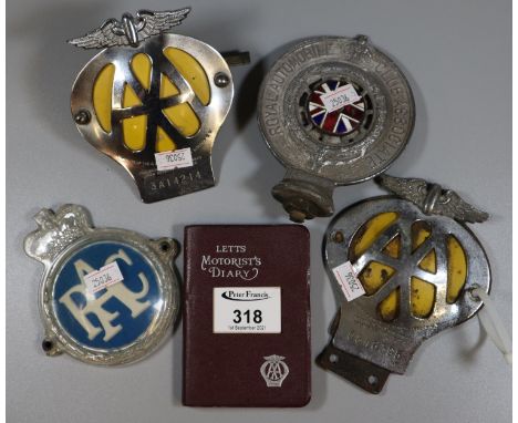Box of car badges; AA, RAC, Royal Automobile Club Association, together with a Letts Motorist's diary. (B.P. 21% + VAT) 