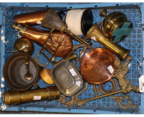 Tray of oddments to include brass table bell, pestle and mortar dated 1825, brass miniature easel, brass and copper powder fl