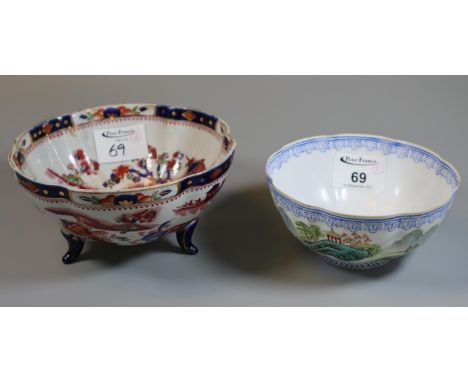 Chinese eggshell porcelain fluted bowl with blue stylised foliate borders around a continuous landscape with figures, buildin