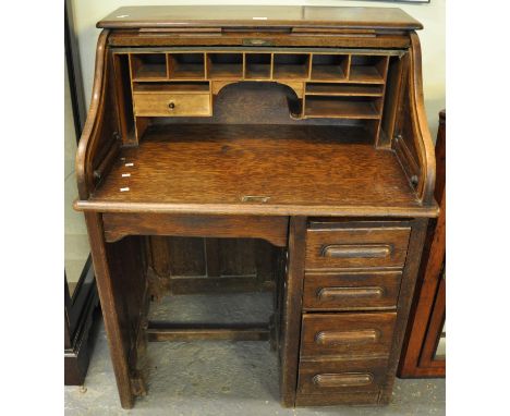 Early 20th century oak 'S'-roll tambour single pedestal desk.(B.P. 21% + VAT) 