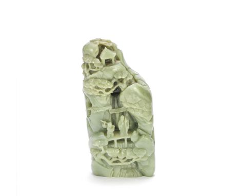 A GREEN JADE BOULDERCyclically dated to the Xinchou year (1901 or 1961)Depicting a scholar with his attendant crossing a brid