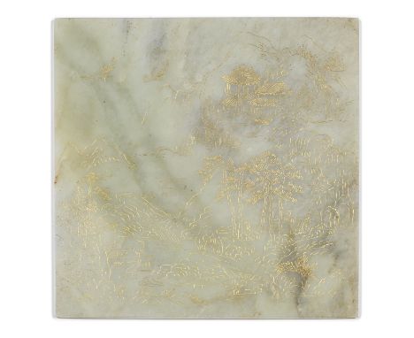 A PALE GREEN JADE PLAQUEQing DynastyOf square shape with incised and gilded poem, attributed to Yu Minzhong, on a central rou
