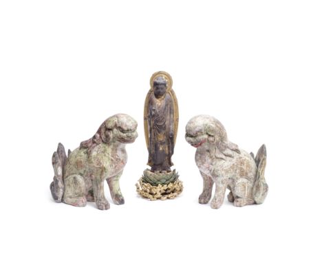 A LACQUERED WOOD AMIDA NYORAI AND A PAIR OF PAINTED WOOD KOMA-INU AND SHISHIMomoyama/Edo PeriodThe gilt and lacquered Amida B