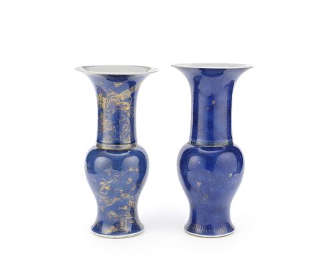 TWO POWDER BLUE GILT-DECORATED VASES, YENYENKangxiOne with the neck and body similarly gilt painted with birds, pheasant, peo
