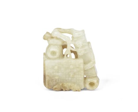 A PALE GREEN AND RUSSET JADE CARVING OF SCHOLARS' OBJECTS19th centuryThe group including a chess board, books, brush washers 