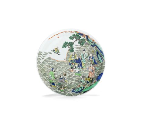 A LARGE FAMILLE VERTE 'EIGHT IMMORTALS' DISH19th centuryEnamelled in the Kangxi style, depicting the Eight Immortals riding s