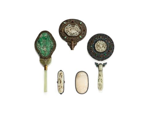 A GROUP OF JADE AND JADEITE INLAID MIRRORS AND PLAQUES19th centuryComprising: one lobed mirror with a central jadeite plaque 