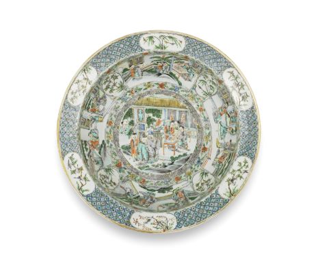 A LARGE FAMILLE VERTE BASIN19th centuryEnamelled to the interior with a central medallion of figures in a pavilion setting, s
