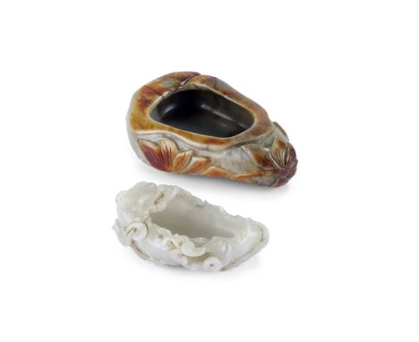 TWO JADE 'LOTUS' BRUSH WASHERSLate Qing Dynasty/RepublicComprising: a grey and russet brush washer carved with lotus leaves i