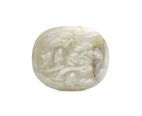 A PALE GREEN JADE RUYI PLAQUE18th/19th centuryDeeply carved with three scholars on a mountain path amongst gnarled pine trees