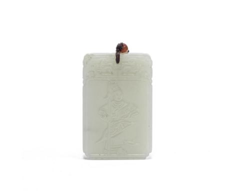 A PALE GREEN JADE PENDANT PLAQUEEarly 20th centuryWith a reserved figure of an archer on one side and inscription to the othe