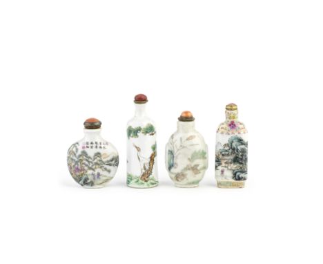 FOUR PORCELAIN SNUFF BOTTLES19th to early 20th century Comprising: a cylindrical snuff bottle with a deer and a crane, stoppe