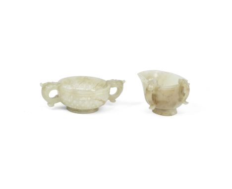 A PALE GREEN AND RUSSET JADE POURING VESSEL AND A TWO-HANDLED CUPMing DynastyBoth with chilong loop handles, the vessel carve