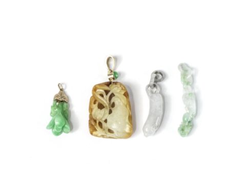 A RUSSET AND PALE GREEN JADE PENDANT AND THREE JADEITE ATTACHMENTS19th/20th centuryComprising: a russet and pale green open w