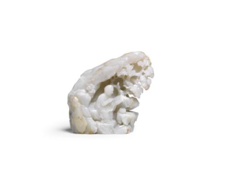 A PALE GREEN AND RUSSET JADE LUOHAN BOULDERFinely carved to one side with a luohan holding a book seated in loose flowing rob