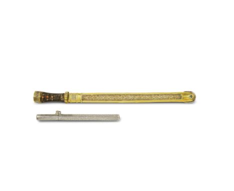 A SHORT SWORD AND A SILVER CASETibet, 19th centuryThe sword with leather covered hilt, inset with coral roundels, the gilt co