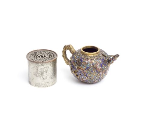 A CHAMPLEVÉ ENAMEL TEAPOT AND A PAKTONG PARFUMIER18th/19th centuryThe gilt copper teapot with pine trunk form handle and bamb