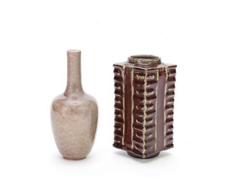 A PEACHBLOOM-GLAZED BOTTLE VASE AND A RED FLAMBÉ CONG VASEKangxi six-characters mark, Qing DynastyThe bottle vase covered to 