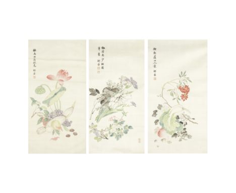 ZHANG XUNCHENG (1914-?)Flowers and vegetablesInk and colour on silk, three scrolls, inscribed and signed Xuncheng, with in to