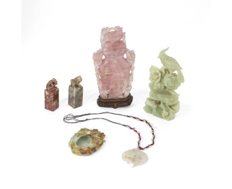 A GROUP OF SIX DIFFERENT HARDSTONES DESK OBJECTS19th century and laterComprising: a pale green jade 'chilong and lingzhi' bru