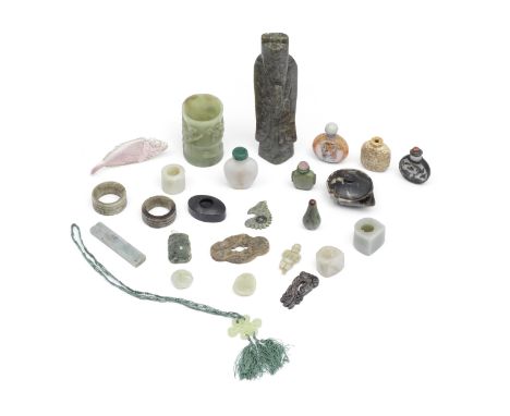 A VARIED GROUP OF JADE, HARDSTONE AND SHELL CARVINGSQing Dynasty to 20th centuryIncluding: a green jade figure of a Daoist im