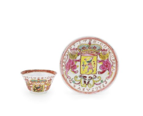 A RARE 'VOC' TEA BOWL AND SAUCERYongzheng, circa 1735Enamelled with a large coat-of-arms for the State of Holland above the c