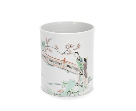 A FAMILLE VERTE BRUSH POTKangxiThe cylindrical pot enamelled to the exterior with a scholar and a monk outside a villa in a t