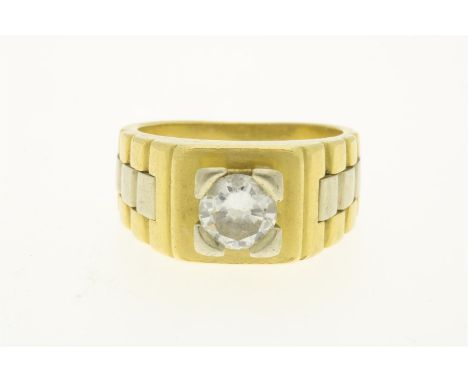Bicolor rolex model ring bezet met citroenkleurige diamant, circa 1.4 ct., gehalte 750/000, bruto gewicht 12.1. Maat 19.
