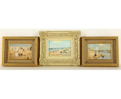 Strandgezichten, 2x gesigneerd Celine, 3x paneel circa 12 x 17 cm. 