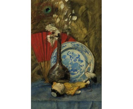 Stilleven with Kangxi bord en porseleinen popje, gesigneerd G. Louise Funke gedateerd 1892, aquarel 59 x 39 cm. 