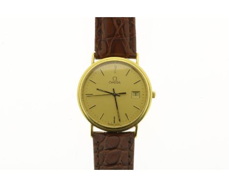 OMEGA, gouden herenpolshorloge met datum, aan bruine croco print band, gehalte 750/000. Nummer 56571496.