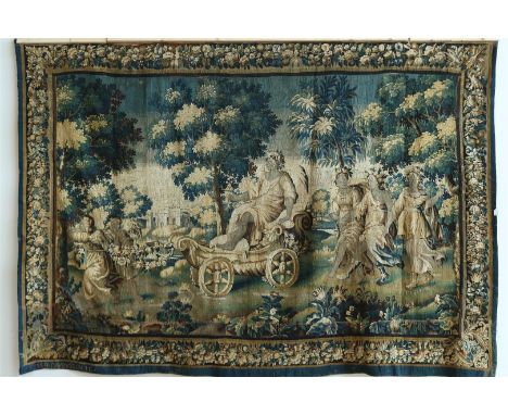 Handgeweven Aubusson wandkleed met allegorische afbeelding van de intreding van de lente in schelpvormige strijdwagen getrokk