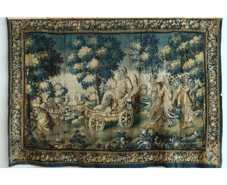 Handgeweven Aubusson wandkleed met allegorische afbeelding van de intreding van de lente in schelpvormige strijdwagen getrokk