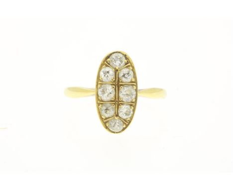 Geelgouden ring bezet met diamant oud slijpsel, gehalte 585/000, bruto gewicht 4 gram. Maat 18.