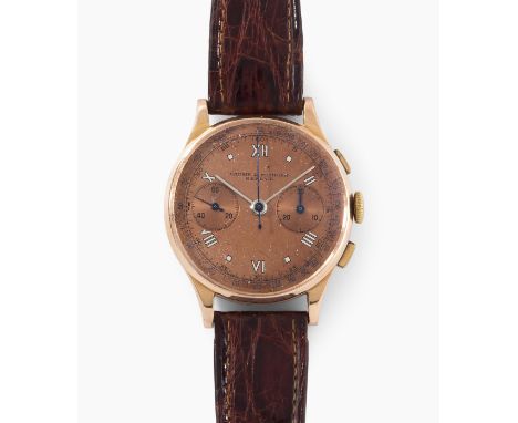 Schöner Chronograph mit Tachymeter.750 Roségold/Stahl. Gehäuse Nr. 52590, 34 mm. Handaufzugwerk Cal. Landeron 48. Lederband m