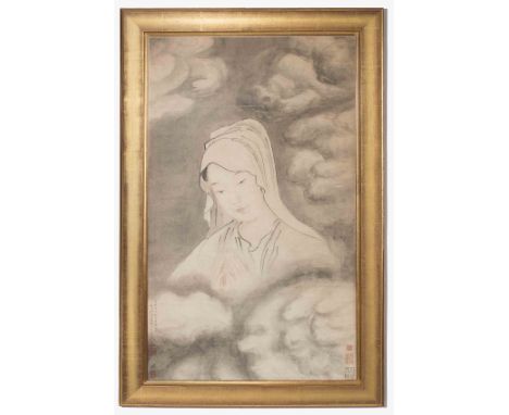 China, 19.Jh. Tusche und Farben auf Papier. Mystisches Portrait der Guanyin zwischen Wolken. Datiert Kangxi Jiawu (1714) und 