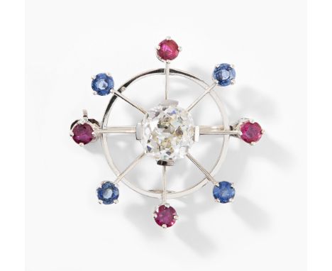 Baltensperger. Zürich, 1970er Jahre. 1 Altschliff-Diamant ca. 1.70 ct K/L-si, 4 Rubine und 4 Saphire je ca. 2,5 mm Ø. 2,5x2,5