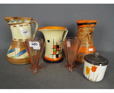 Myott - Four pieces of Myott to include two Art Deco jugs with crimped necks, another similar, a preserve pot and cover, also