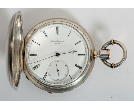 A Swiss, silver and gold, hunting-cased, pocket watch by James Courvoisier, Geneva, c.1840, the white enamel dial with Roman 