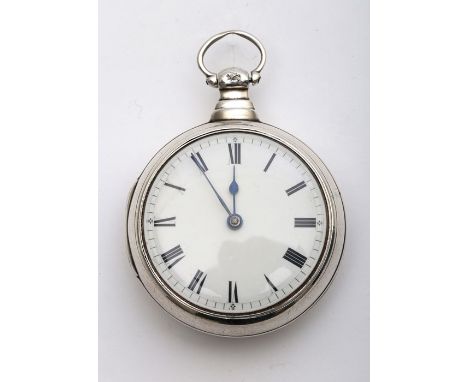 A silver pair-cased, fusee, cylinder escapement pocket watch, c.1800, the 46mm white enamel dial with Roman numerals, the gil