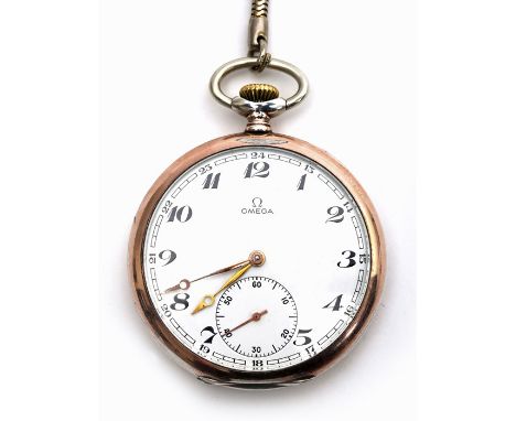 A silver-cased Omega 161 cal pocket watch, the 42mm white enamel dial with Roman and Arabic numerals, subsidiary seconds dial